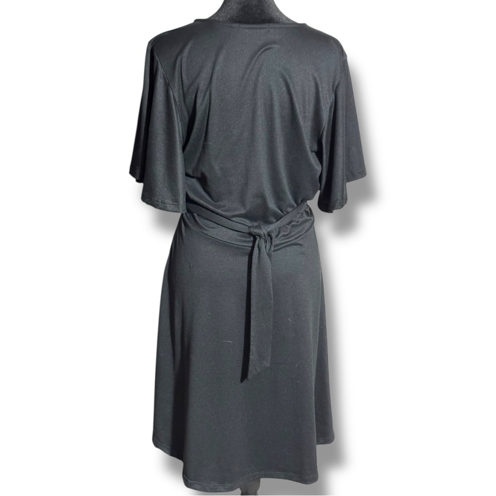 Velvet Torch Black Short Flutter Bell Sleeve Wrap Style V-Neck Midi Dress - Picture 6 of 16